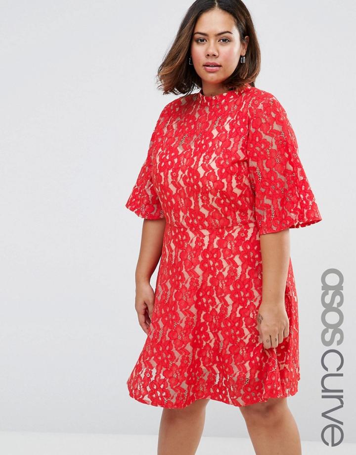 Asos Curve Kimono Sleeve Mini Skater Dress In Lace - Red