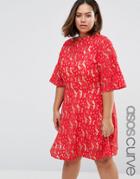 Asos Curve Kimono Sleeve Mini Skater Dress In Lace - Red