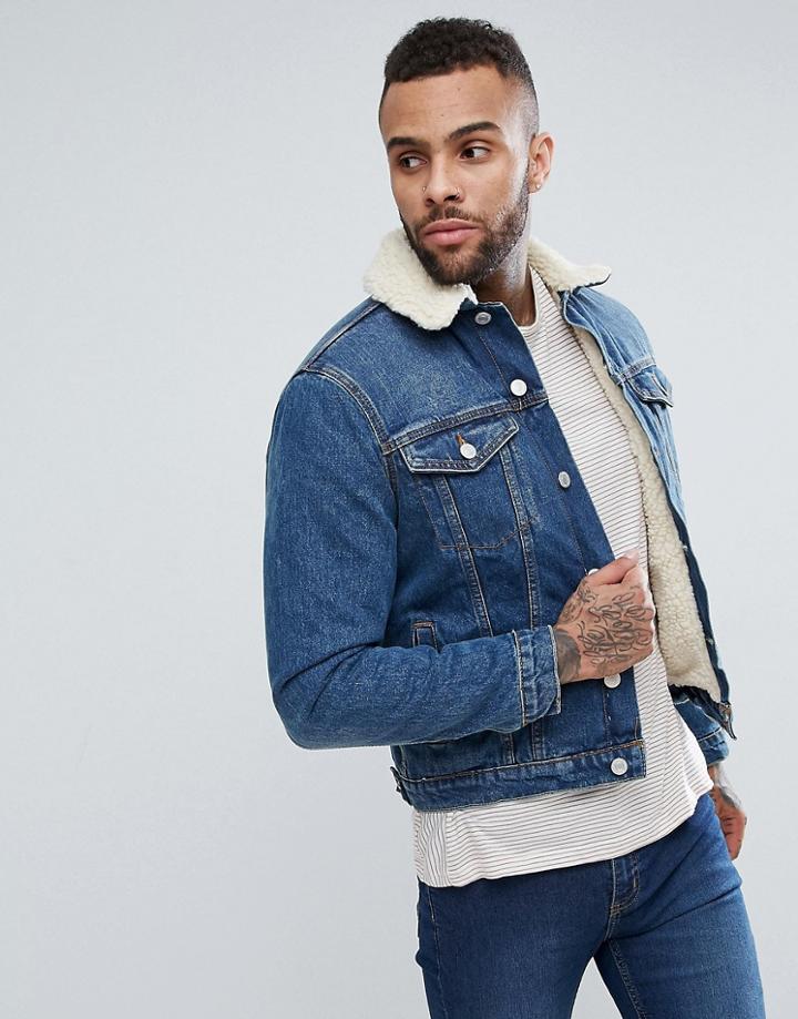 New Look Fleece Lined Denim Jacket In Mid Blue Wash - Blue