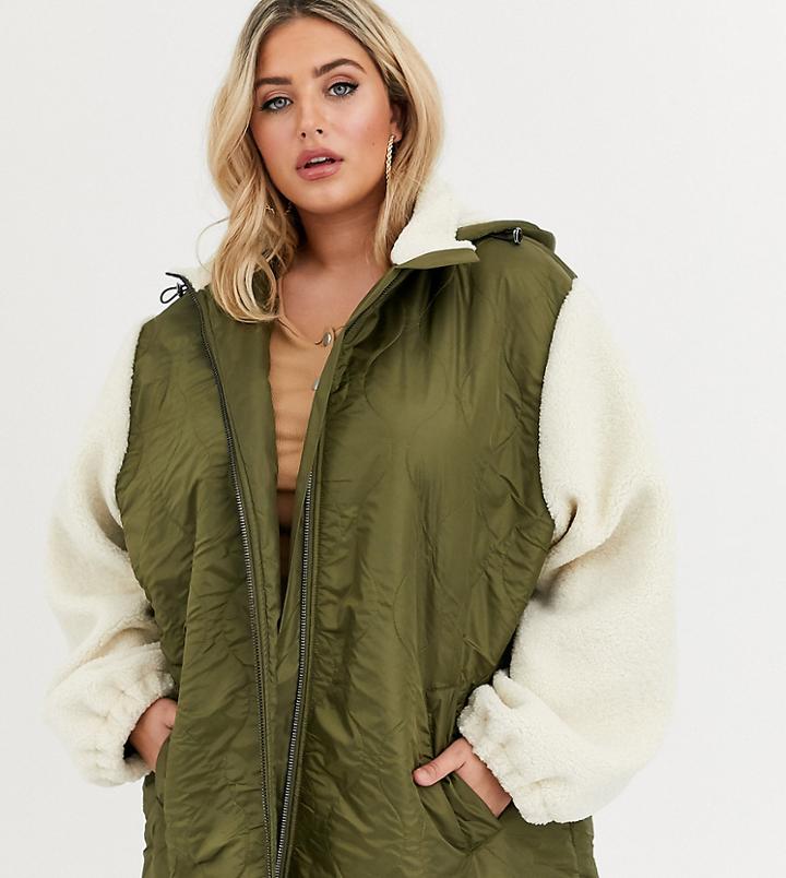 Asos Design Curve Quilted Jacket With Borg Sleeves-green