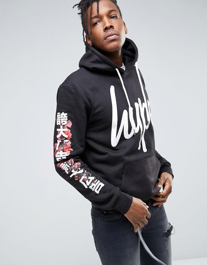 Hype Hoodie With Japanese Floral Sleeve Print - Black