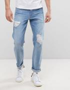 Asos Stretch Slim Jeans With Rips In Light Blue Wash - Blue