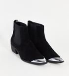 Asos Design Wide Fit Cuban Heel Western Chelsea Boots In Black Faux Suede With Metal Toe Cap