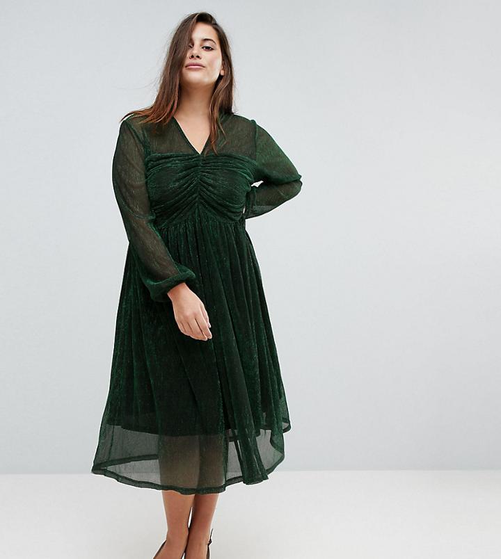 Unique 21 Hero Midi Dress With Ruched Bust In Glitter Rib - Green