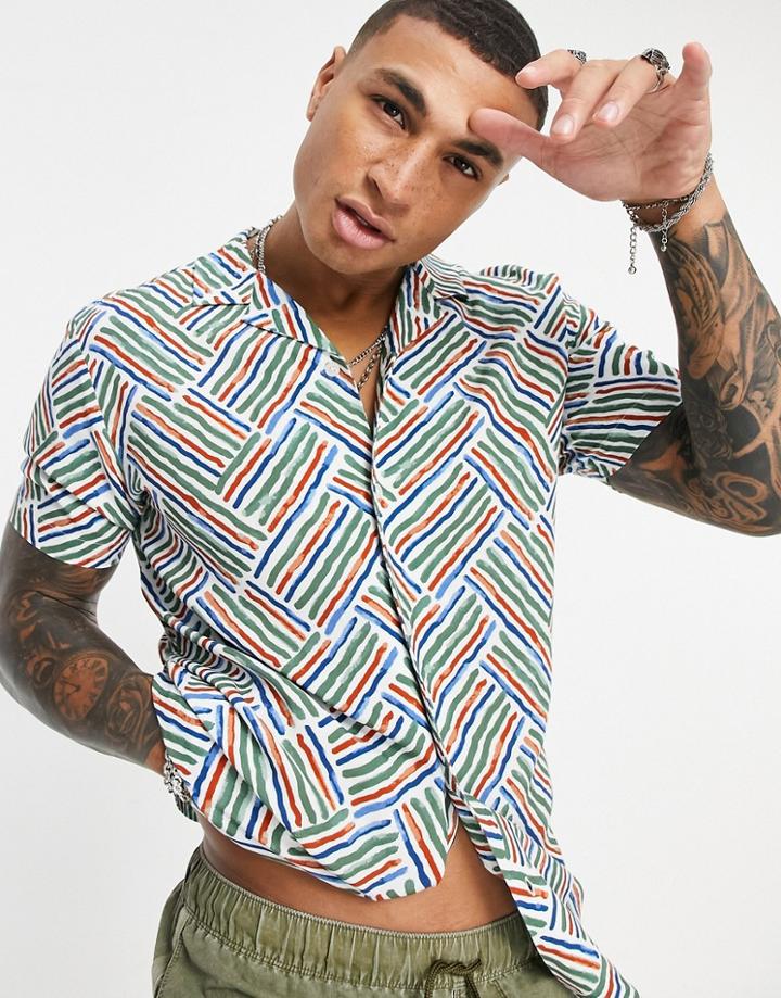 Asos Design Regular Revere Aztec Paintstroke Print Shirt In Green