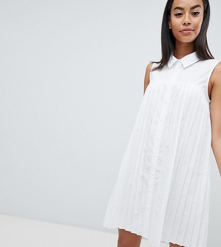 Asos Design Tall Mini Cotton Pleated Swing Shirt Dress - White
