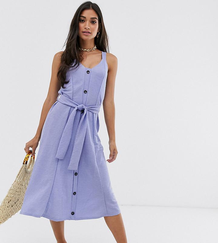 Asos Design Petite Midi Button Through Belted Sundress-blue