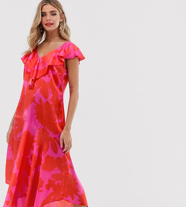 Twisted Wunder Asymmetric Satin Drop Hem Ruffle Dress In Pink And Red-multi
