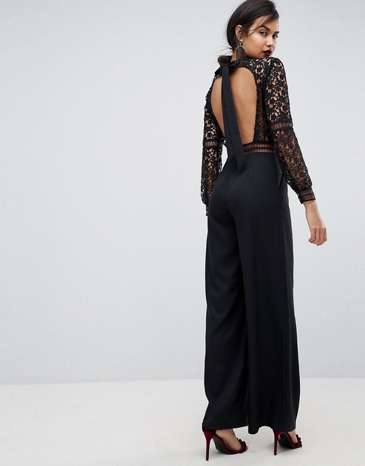 Asos Premium Open Back Lace Jumpsuit - Black