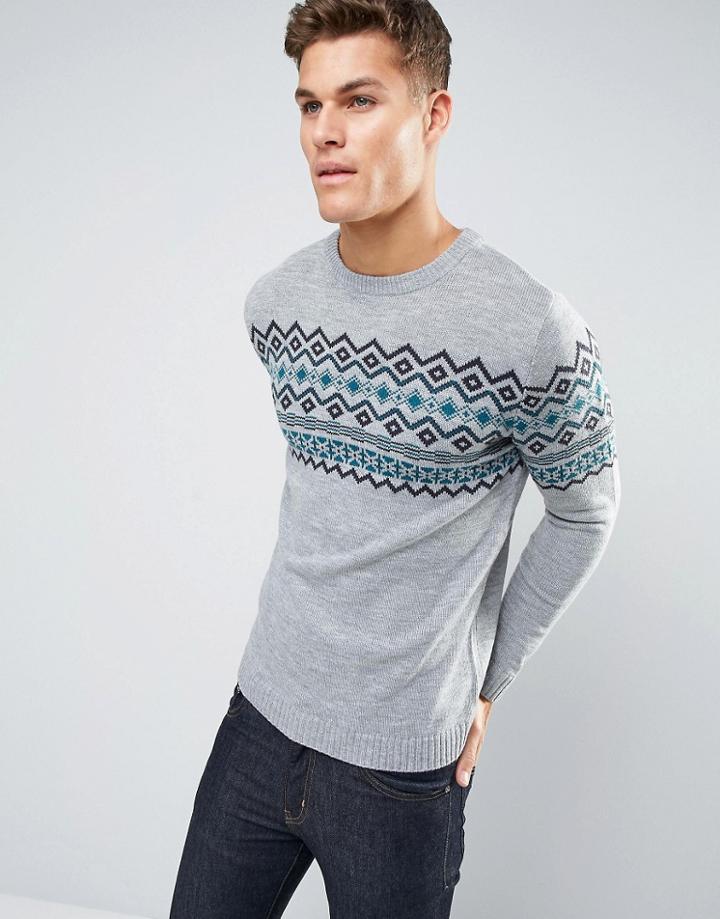 Pull & Bear Fairisle Sweater In Gray - Gray