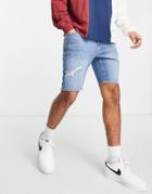 Asos Design Skinny Denim Shorts In Mid Blue Wash With Rips