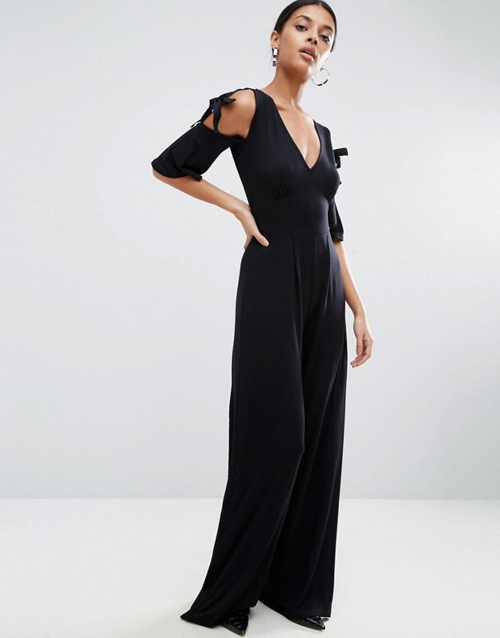 Asos Jersey Jumpsuit With Tie Shoulder Grosgrain Detail - Black