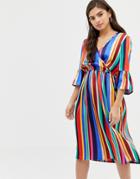 Influence Flared Sleeve Wrap Dress In Rainbow Stripe - Multi