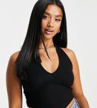 Asos Design Petite Plunge Halter Top With Scarf Hem In Black