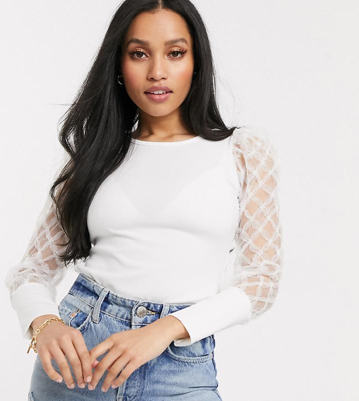 River Island Petite Mesh Textured Long Sleeved Top In White