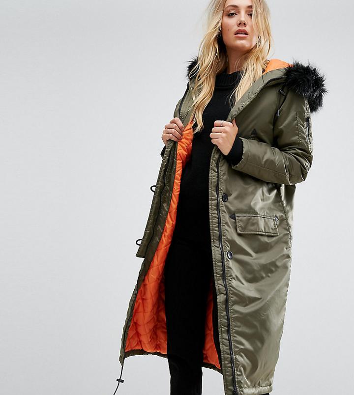 Brave Soul Tall Full Moon Maxi Parka Coat - Green