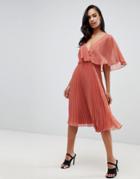Asos Design Flutter Sleeve Midi Dress With Pleat Skirt-brown