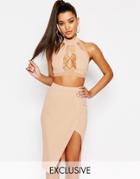 Naanaa Lace Up Front High Neck Crop Top - Nude