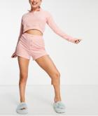 Brave Soul Waffle Short Lounge Set With Funnel Neck In Dusty Pink