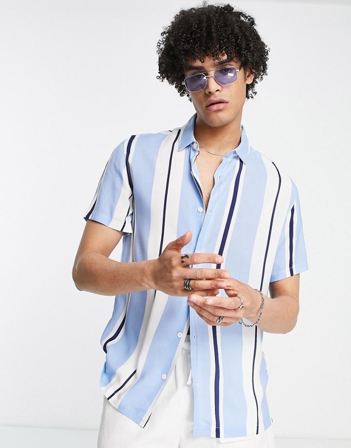 Bershka Short Sleeve Bold Stripe Shirt In Light Blue