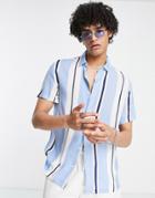 Bershka Short Sleeve Bold Stripe Shirt In Light Blue