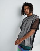 Asos Design Festival Oversized Metallic T-shirt With Mesh Layer In Silver - Silver