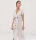 Glamorous Petite Belted Midi Dress With Button Front In Natural Stripe-white