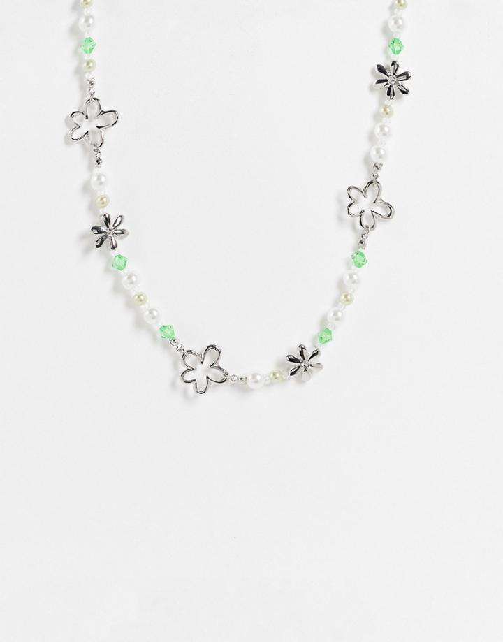 Asos Design Beaded Faux Pearl Necklace Flower Charms In Silver Tone