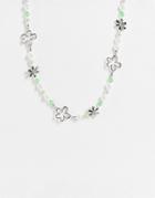 Asos Design Beaded Faux Pearl Necklace Flower Charms In Silver Tone