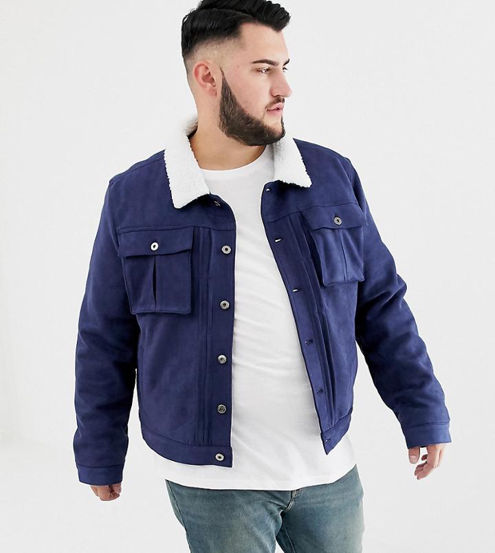 Another Influence Plus Faux Suede Jacket With Fleece Collar-navy
