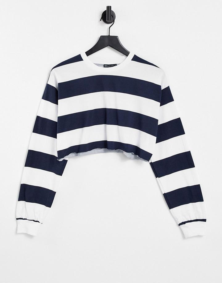 Asos Design Super Crop Tee With Long Sleeve Cuff Detail And Contrast Stitch In Stripe-blues