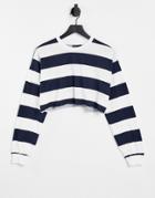 Asos Design Super Crop Tee With Long Sleeve Cuff Detail And Contrast Stitch In Stripe-blues