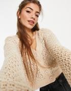 Asos Design Crochet Cardigan In Beige-white