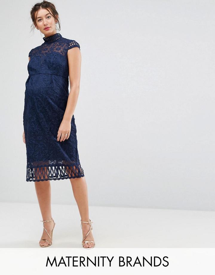 Chi Chi London Maternity Cap Sleeve Lace Pencil Dress In Cutwork Lace And High Neck - Navy