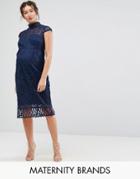 Chi Chi London Maternity Cap Sleeve Lace Pencil Dress In Cutwork Lace And High Neck - Navy