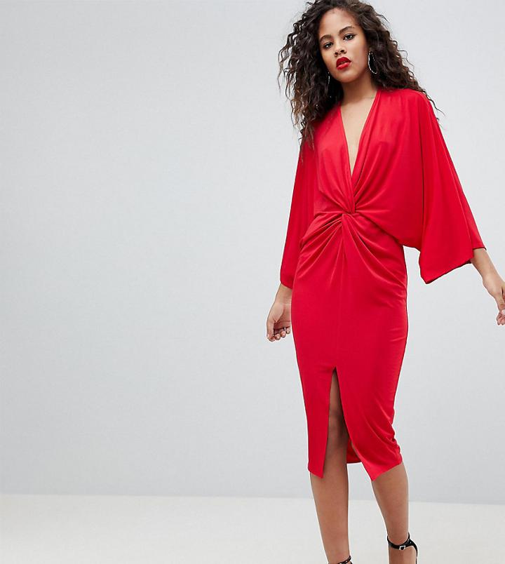 Flounce London Tall Wrap Front Kimono Midi Dress-red
