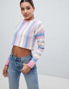 Prettylittlething Crew Neck Cropped Jumper In Stripe - Multi