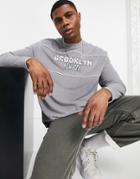 Asos Design Relaxed Long Sleeve T-shirt In Gray Towelling With Piping And Brooklyn City Print