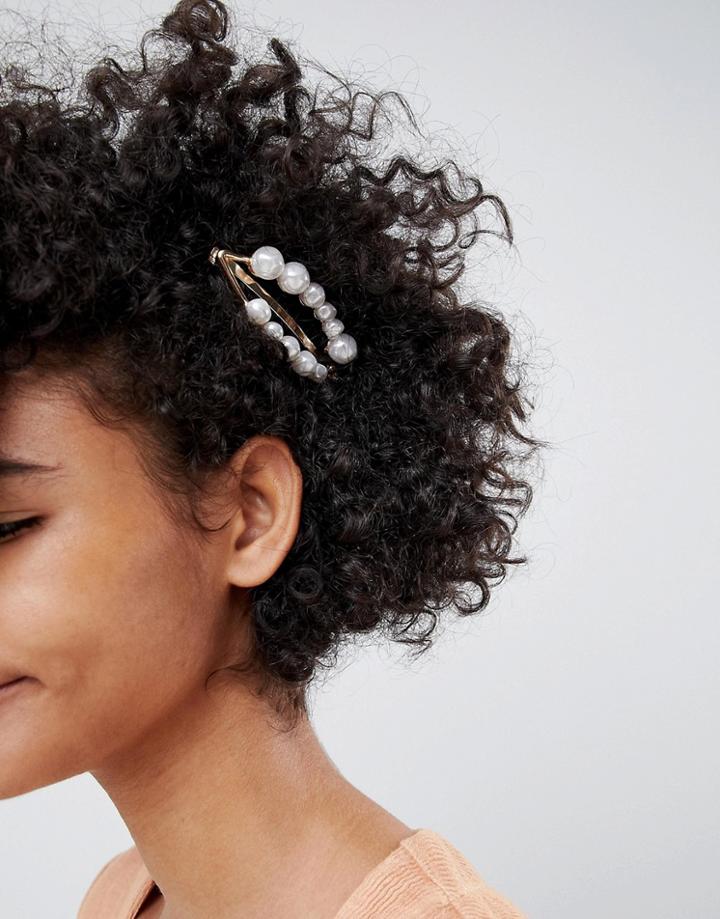 Asos Design Barette Hair Clip With Faux Freshwater Pearls In Gold - Gold