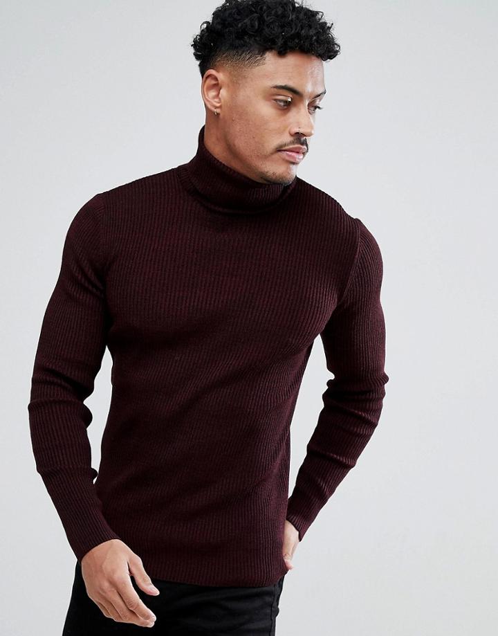 Asos Muscle Fit Ribbed Roll Neck Sweater In Burgundy Twist - Red