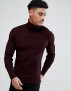 Asos Muscle Fit Ribbed Roll Neck Sweater In Burgundy Twist - Red