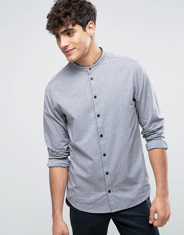 Casual Friday Pin Dot Shirt With Grandad Collar In Regular Fit - Gray
