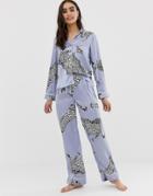 Asos Design Cheetah Satin Pyjama Pants Set - Blue