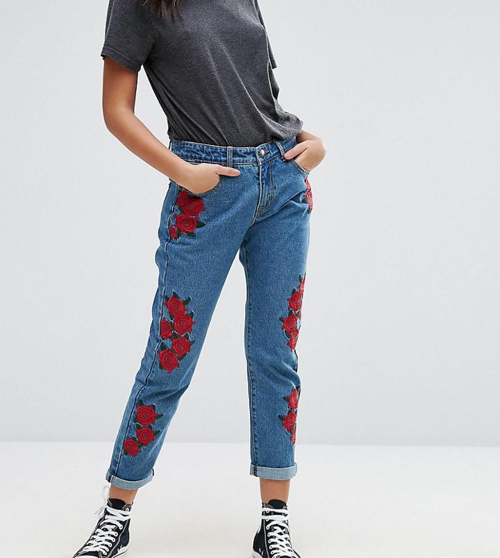 Liquor N Poker Boyfriend Jean With Rose Embroidery - Blue