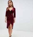 Tfnc Petite Velvet Midi Wrap Dress In Burgundy - Red