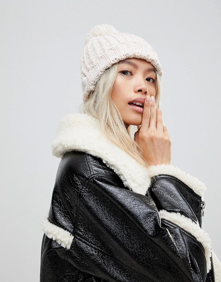 Brave Soul Cardigan Twist Color Hat With Knitted Pom Pom In Pink - Pink