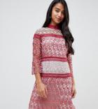Little Mistress Petite Contrast Lace Mini Shift Dress In Berry - Red