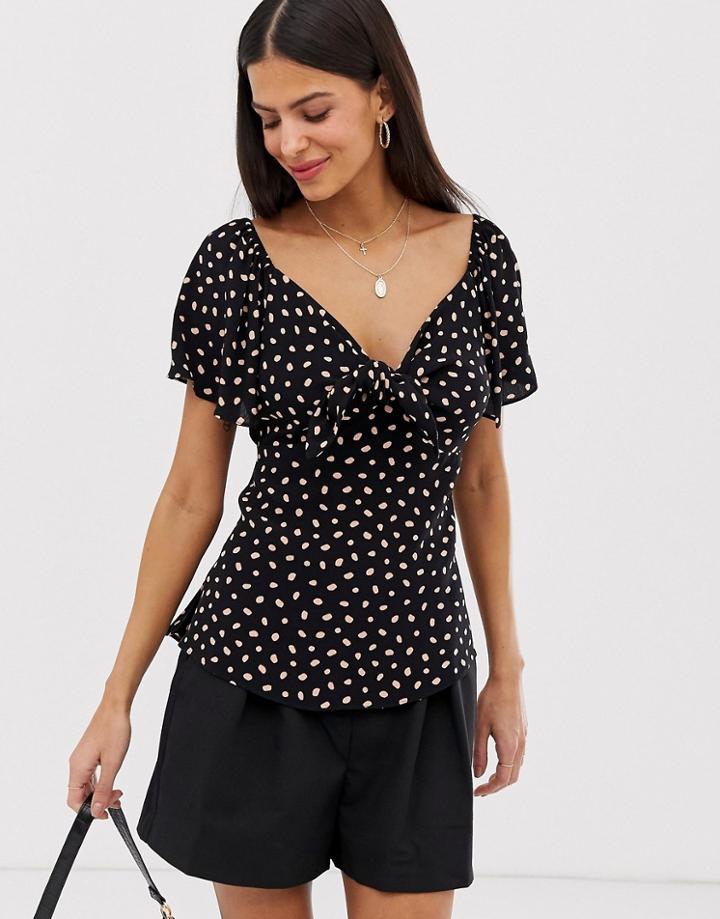 River Island Tie Front Blouse In Polka Dot Print - Black