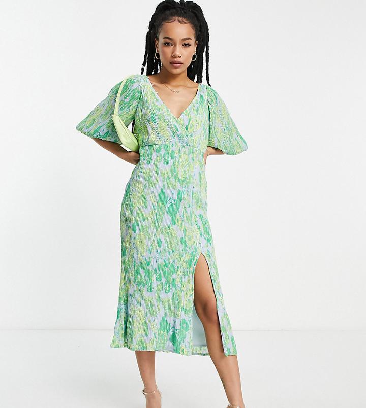 Asos Design Petite Plisse Midi Dress With Button Detail In Floral Print-multi