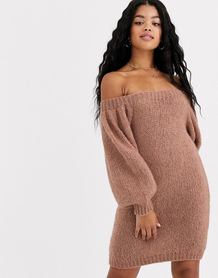 Asos Design Off Shoulder Mini Dress In Lofty Yarn-pink